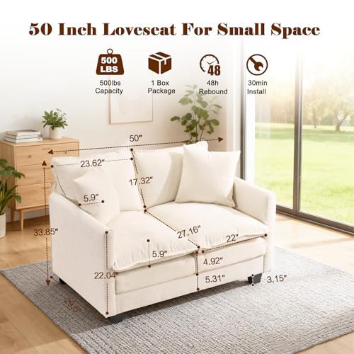 Image of 50'' Loveseat Sofa Cloud Sofa Couch, Modern Loveseats 2 Seat Couch 27 inch Deep Seat with 2 Pillows for Small Spaces Apartment Studio Office Bedroom Living Room, Beige