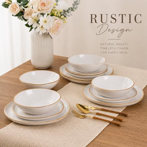 Image of AmorArc Ceramic Dinnerware Sets for 4, 12Pcs Plates and Bowls Sets Dishes | Stoneware Handmade Reactive Glaze Dinner Set, Highly Scratch Resistant | Dishwasher & Microwave Safe Dishware