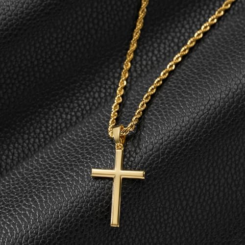 SWEETV 18K Gold Over 925 Sterling Silver Cross Necklace for Men/Women, Stainless Steel Cuban/Rope Chain Cross Pendant 18-24 inch, Religious Jewelry Gifts for Men2