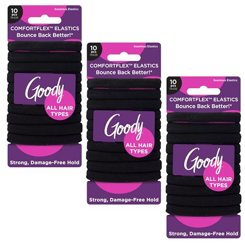 Goody ComfortFlex Seamless Black Hair Elastics for All Hair Types No Slip Grip Ouchless Ties with All Day Gentle Hold Ponytail Holders for Damage-Free Styling 10 Count (Pack of 3)