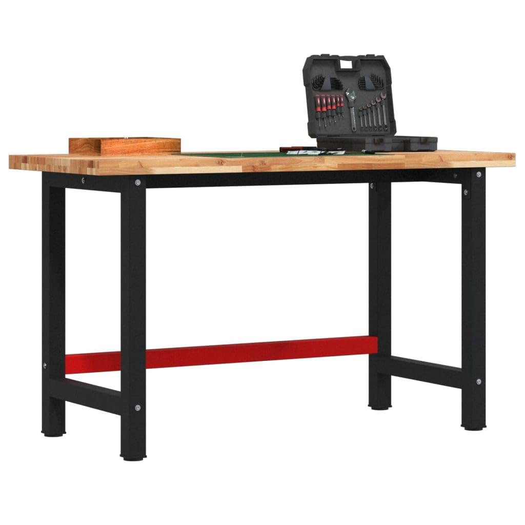 Banco da lavoro in legno di acacia massiccio, 140 x 60 x 83 cm, con struttura in metallo verniciato a polvere, rettangolare, per officina, garage, cantina, sala hobby
