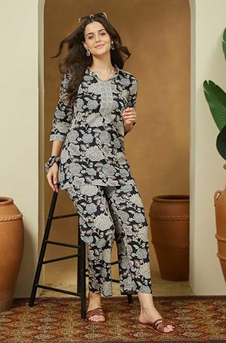 Image of Janasya Women's Black Pure Cotton Floral Printed Straight Co-ord Set