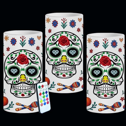 Image of Dia De Los Muertos Flameless Candles with Timer Remote 3 Pack Halloween Flameless LED Candle Battery Operated Sugar Skull Day of The Dead Decoration