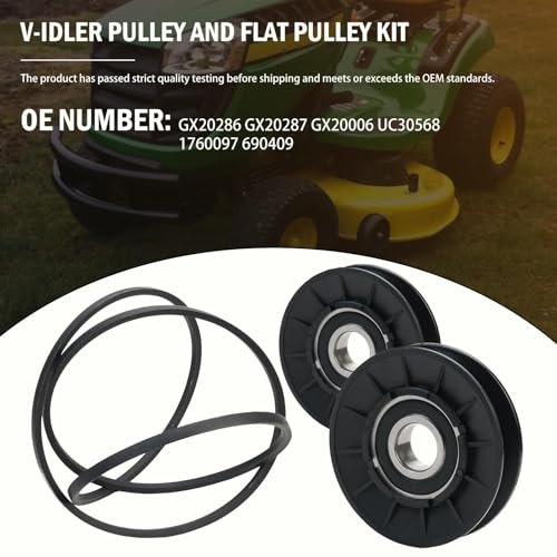 Image of GX20286 GX20287 GX20006 Transmission Drive Belt Pulley Repair Kit for Jo-hn De-ere L100 L110 L120 L130 L107 GX20287 AM103019 AM32672 Troy-Bilt Idler Pulley and Drive Belt Kit Replaces 1760097 690409
