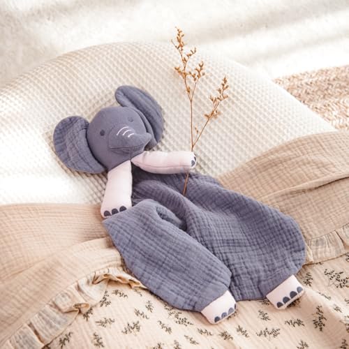 Image of lulumoon Muslin Elephant Lovey for Babies: Skin-Friendly Security Blanket for Self-Soothe - Newborn Gift for Baby Shower