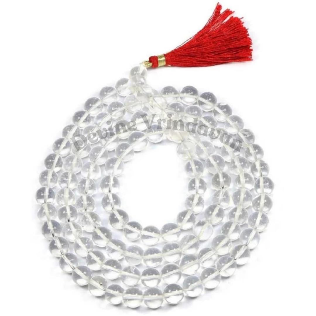 ISKCON VRINDAVAN Unisex-Adult Certified Premium Sphatik Mala Original Japa Prayer Beads - Aaa Grade Spatik Mala Gemstone Clear Quartz For Yoga Meditation Spiritual Reiki Feng Shui (6-7Mm Beads)