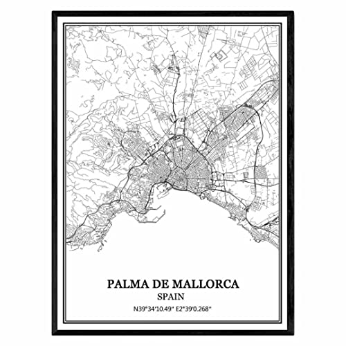 TANOKCRS Palma de Mallorca España Mapa de pared arte lienzo impresión cartel obra de arte sin marco moderno mapa en blanco y negro recuerdo regalo decoración del hogar -11x14 inches