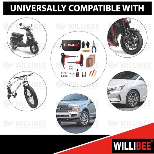 Image of WILLIBEE 17-in-1 (Pack of 20 Strips) Tubeless Tyre Puncture Repair Kit for Car & Bike | Heavy-Duty Puncher Kit (Includes Storage Bag) | Complete Emergency Tyre Fix Set