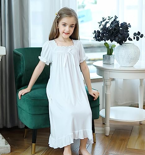 Cotton 𝗡ightdress for Girls Princess Short Sleeve Lace Trim 𝐏ajamas Princess 𝐍ightgown Dress Kids Cute 𝗣𝗷s2