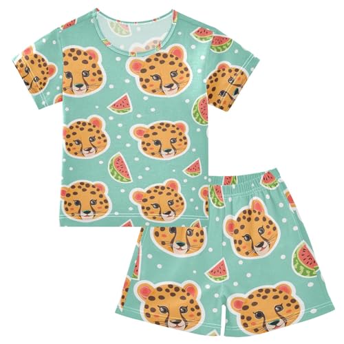 ALAZA Watermelon Leopard Tiger Pajamas Set Short Sleeve Cotton Sleepwear Summer Pjs 2 Piece 5-14Y