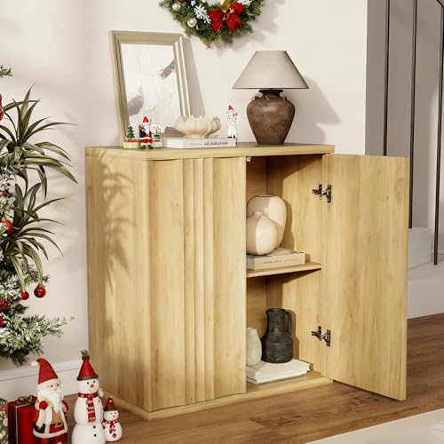 LVSOMT Aparador moderno de madera, cómoda con 2 puertas onduladas, armario buffet de 85 cm de alto, estante ajustable, puerta magnética, armario de madera para salón, comedor, dormitorio, pasillo