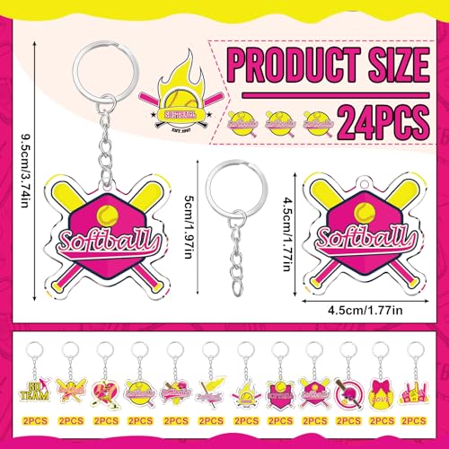 Image of Tondiamo 24 Pcs Softball Acrylic Keychain Gifts Bulk Pink Acrylic Softball Sports Ball Keychain Gifts Go Team Key Ring for Women Men