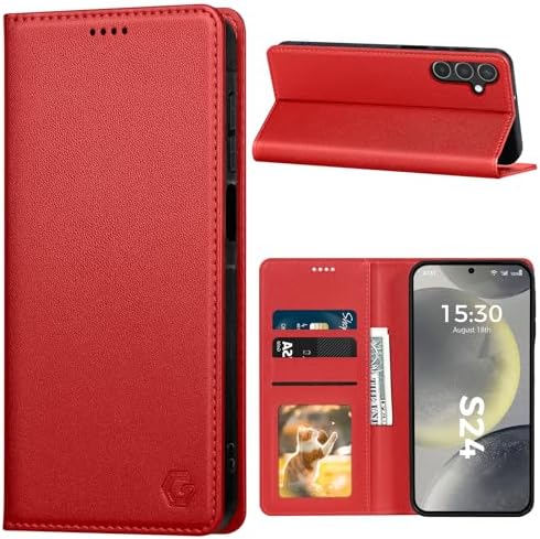 Kirnntca Handyhülle für Samsung Galaxy S24 5G Hülle, Kartenfach Premium PU Leder Klapphülle Schutzhülle, Standfunktion Tasche Flip Case für Samsung Galaxy S24 5G - Rot