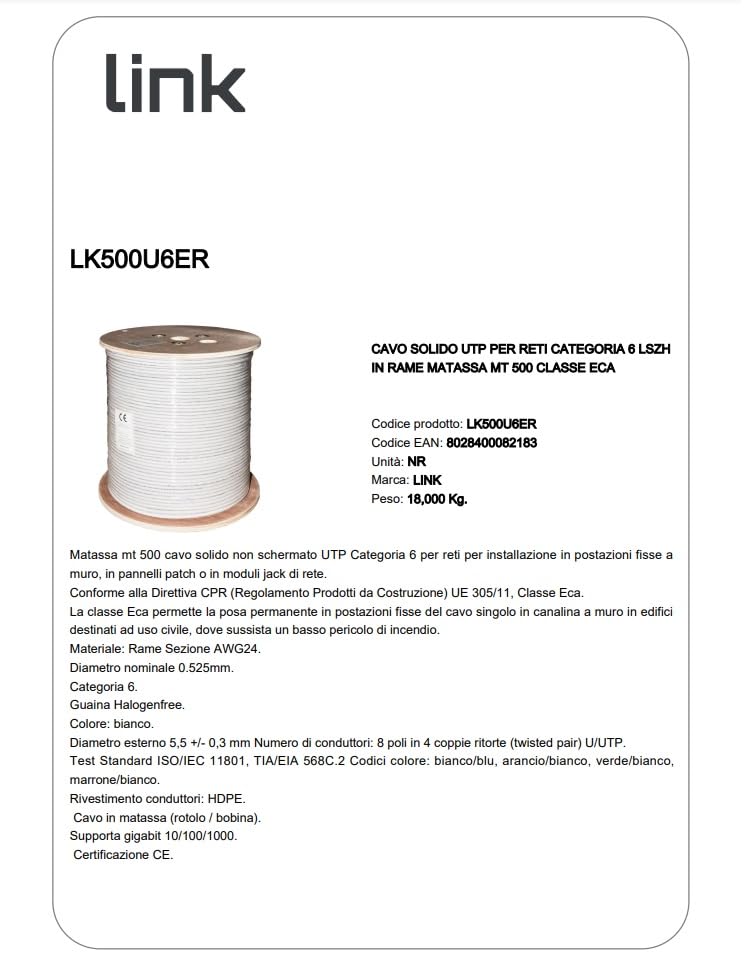 CAVO UTP CAT 6 23AWG CU CON GUAINA LSZH BIANCO MATASSA DA 305 MT - Foto 2