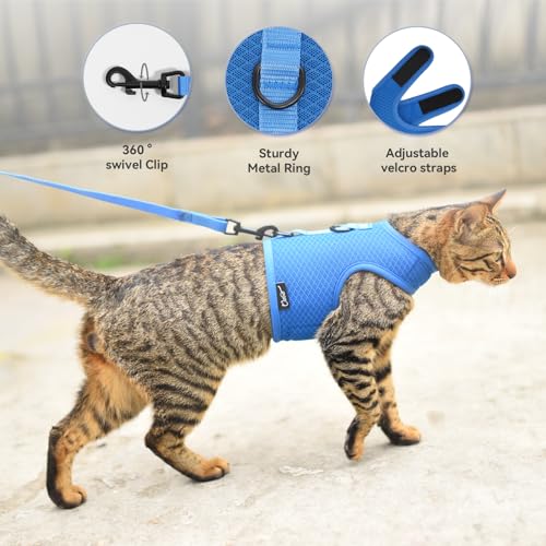 Image of Kitty Harness and Leash for Walking Escape Proof Breathable Mesh Fabric, Solid Blue, Small, Adjustable Cat Walking Jackets, Padded Stylish Cat Vest