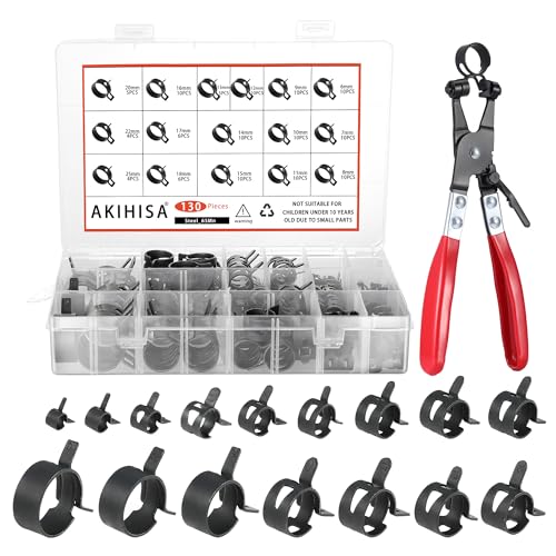 AKIHISA 130Pcs 6-25mm Spring Band Hose Clamp Assortment Kit with Hose Clamp Pliers, 16 Sizes Spring Hose Clip Fuel Line Silicone Vacuum Hose Pipe Clamp, Air Hose Tube Water Pipe Fasteners by AKIHISA - Used condition - US$17.37