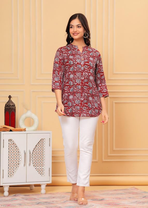 Image of Women's Cotton Printed Kurta Top | 3 /4 Sleeve Straight Kurti Casual Outings