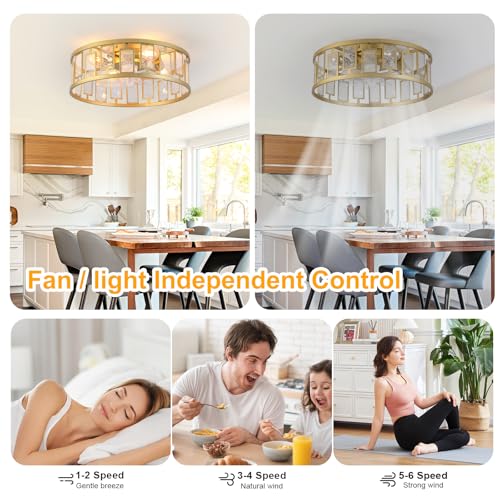 Image of Garwarm 20IN Caged Ceiling Fan with Light,Flush Mount Ceiling Fans with Lights and Remote,Bladeless Fandelier Low Profile Ceiling Fan Light Fixture for Bedroom,Kitchen,Dining Room, Gold