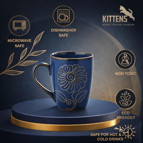 Image of KITTENS Handcrafted Blue Floral Ceramic Coffee Mugs Set of 4 - 330 ml Studio Finish Tea & Coffee Cups, Microwave & Dishwasher Safe - Premium Gift for Housewarming & Special Occasions