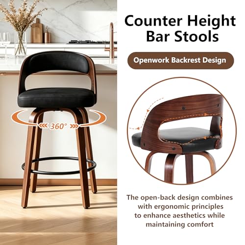 Image of Swivel Bar Stools Set of 2, 26 inch Counter Height Bar Stools with Curved Backrest, Mid-Century Modern PU Fabric Modern Island Chairs with Footrest, for Kitchen, Bar, Restaurant, Cafe, Black