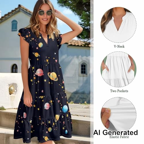 Image of Womens Summer Dress Ruffle Sleeve V Neck Dress Casual Fit Flowy Beach Vacation Sundress with Pocket S-2XL