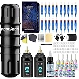 POSEIDON Tattoo Pen Kit Wiress Tattoo Gun Kit with 2pcs 1500mAh Batteries Tattoo kit with 20pcs Tattoo Cartridge Needle Tattoo Machine Kit with 11pcs Tattoo Ink for Beginner