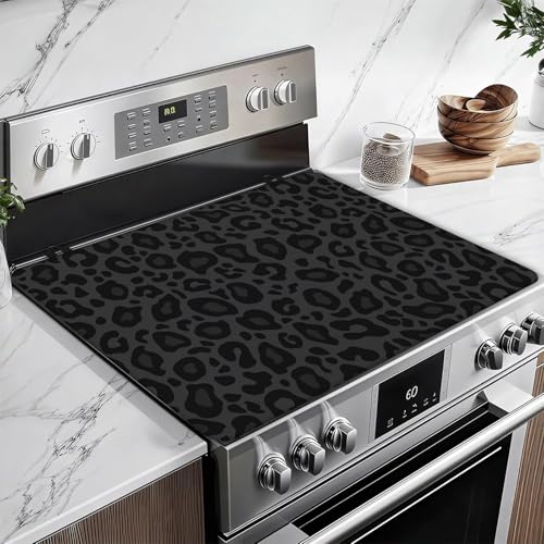 Image of Black Leopard Stove Top Covers for Electric Stove, Electric Gas Stove Pad Heat Resistant Range Cooktop Protector for Home Decor Kitchen 28 inchx20 inch