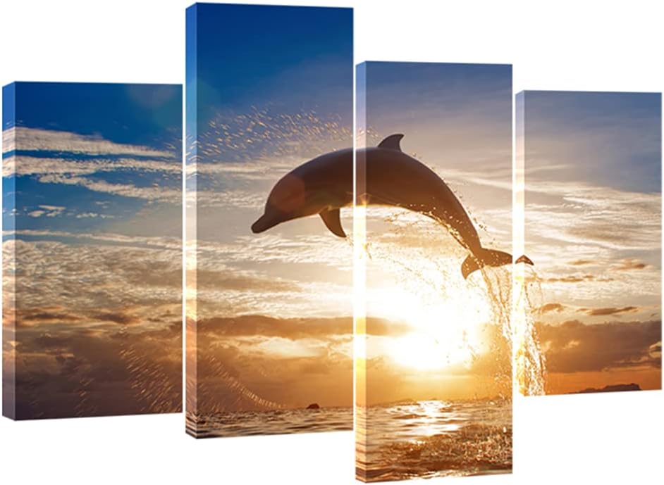 Wieco Art Happy Dolphin Giclee Canvas Prints Wall Art Ocean Animals Sea Beach Landscape Pictures Paintings for Living Room Bedroom Home Decorations Large 4 Piece Modern Grace Seascape Artwork L