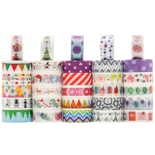 Carehabi 30 Rouleaux Washi Tape Set Mignon Décoratif Masking Tapes, Ruban Washi Coloré pour Fournitures de Scrapbooking, Bullet Journal, Artisanat Bricolage, Arts, Planificateurs, Noël Cover