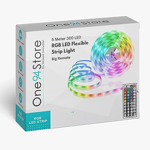 Image of One94Store 5M Rgb Led Strip Lights With 44-Key Remote, 24V Power Supply, 300 Leds, Color-Changing 5050 Smd, Waterproof, Ideal For Bedroom, Home, Diy Decor & Christmas (Red, Blue, Green, 5 Meters)