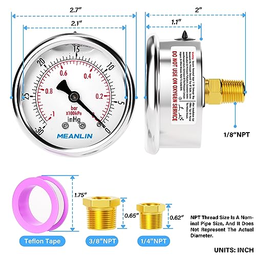 Image of MEANLIN MEASURE -30inHG~0Psi Stainless Steel 1 /8 inch NPT 2.5 inch FACE DIAL Vacuum Pressure Gauge, Center Back Mount, with 1 /4 inch NPT and 3 /8 inch NPT Hex Bushing