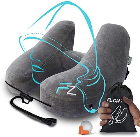 FLOWZOOM AIR Inflatable Travel Pillow for Airplane - Hooded Neck Pillow for Travel - Inflatable Travel Neck Pillow - Plane Pillow - Neck Cushion - Flight Pillow - Travel Neck Pillows for Adults  Grey