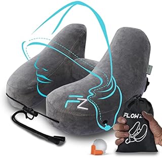 FLOWZOOM AIR Inflatable Travel Pillow for Airplane - Hooded Neck Pillow for Travel - Inflatable Travel Neck Pillow - Plane Pillow - Neck Cushion - Flight Pillow - Travel Neck Pillows for Adults  Grey