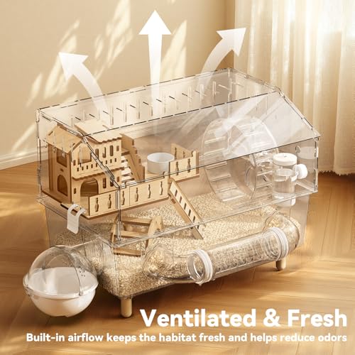 9 in 1 Acrylic Hamster Cage, Clear Dwarf Hamster Cage, with Tubes and All Accessories, 2-Tier Mouse Habitat, Easy to Clean, Suitable for Small Pets (Transparent) - Image 5