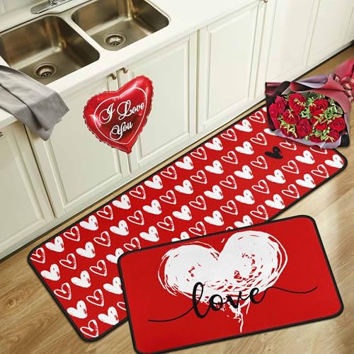 Noulmea Buffalo Plaid Valentines Day Kitchen Rugs Set of 2,Valentine's Anniversary Wedding Holiday Love Hearts Decorative Floor Mats for Home Kitchen 17
