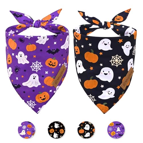 Wegitcs Paquete de 2 bandanas de Halloween para perro, logotipo de la marca de cuero, tela suave de doble capa, accesorio de cuello de otoño para niños y niñas, adecuado para Halloween, paseos diarios