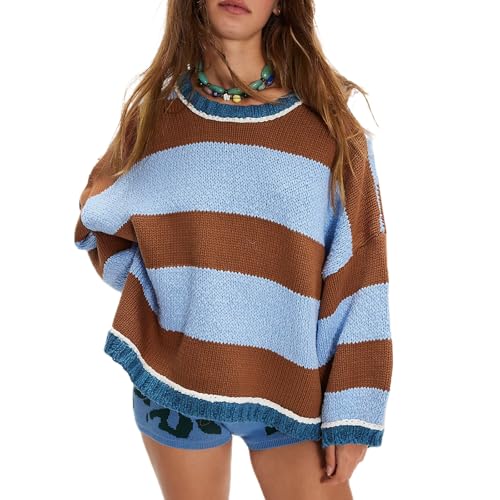 Women Y2k Knit Vintage Striped Oversized Sweaters Long Sleeve Drop Shoulder Knitted Chunky Baggy Pullover Tops