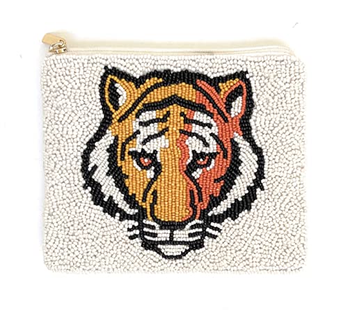 Tiger Beaded Coin Purse, Beaded Coin Pouch, Tiger Bead Purse, Tiger White Beaded Purse