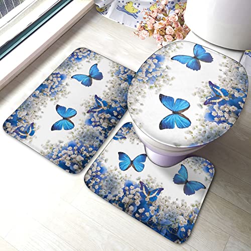 DIRYKILP Badematte + Konturmatte + Toilettendeckelbezug, Blau Schmetterling Weiß Blumen 3 Stück Badematte Set, mit Anti-Rutsch-Klebeboden