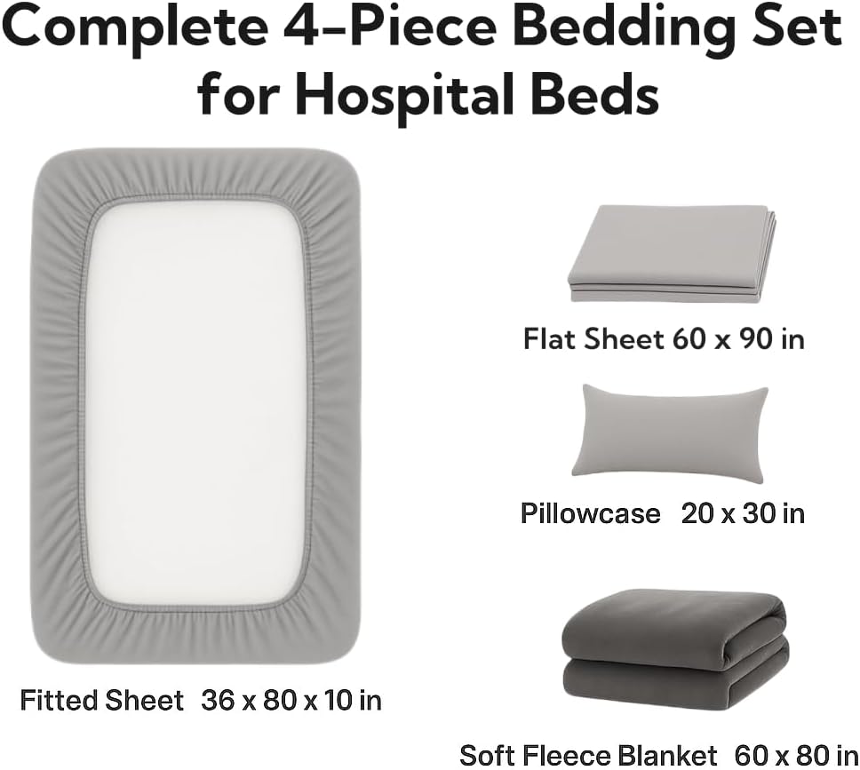 Care Bed Sheets Set 4 Pcs – 36"x80" Fitted Sheet, Flat Sheet, Pillowcase & Blanket – Twin XL Hospital Style Sheets for Home or Adjustable Beds(Gray)