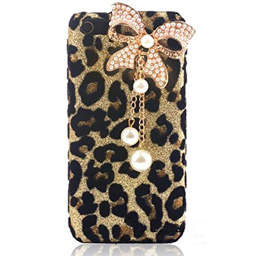 Leegoal Bling Diamond Glitter Bow Pearls Leopard Hard Case Cover for a Pple iPhone 5C