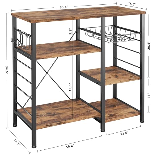IRONCK Industrial Kitchen Baker’s Rack, Kitchen Island Utility Storage Shelf, Coffee Bar Microwave Stand with 6 Hooks, Metal Frame, Simple Assembly, Vintage Brown - Image 4