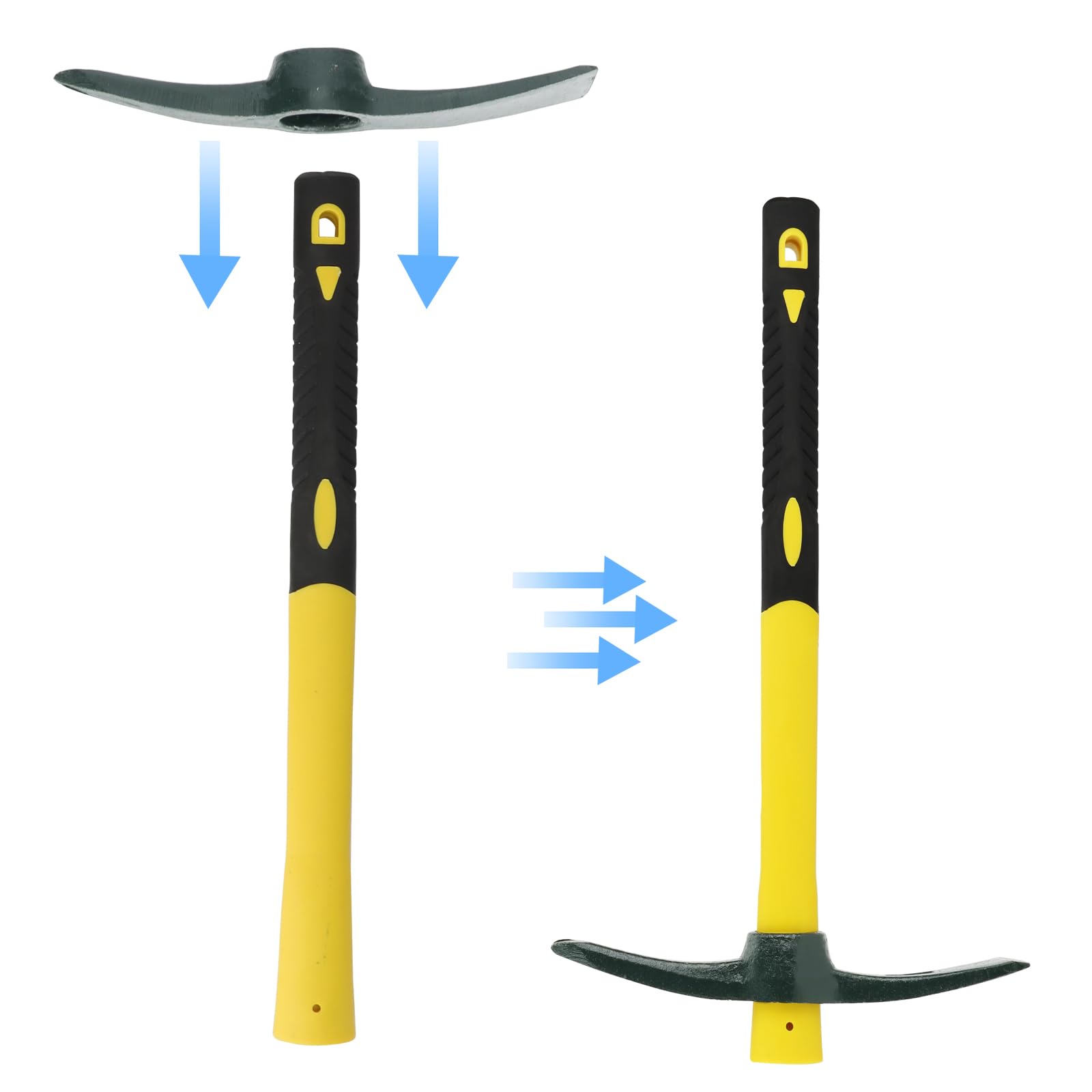 Lot de 2 pioches pointues robustes de 38 cm avec tête forgée et pioche plate pour camping, prospection, jardinage