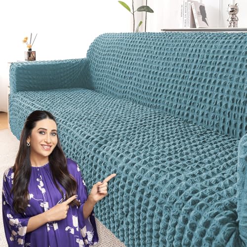 Image of HOKIPO 'Aria Nova' Elastic 280 GSM Stretchable 3 Seater Bubble Sofa Cover, Tropical Teal (NEW-AR-6210-TL)