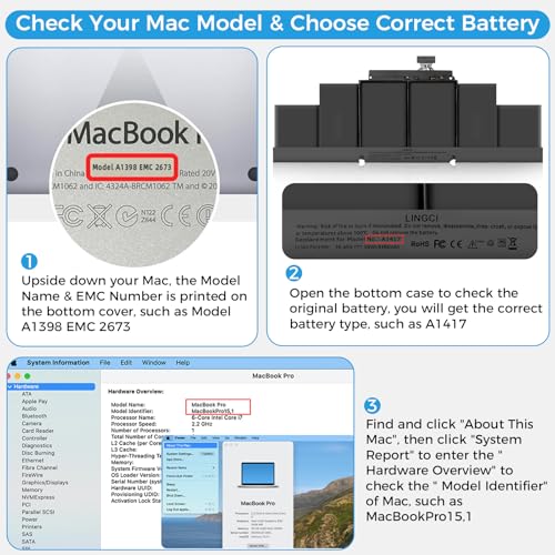 Image of A1398 Battery,A1417 Replacement Battery for MacBook Pro 15 inch Retina Model A1398(Mid 2012 Early 2013 Only) (Upgraded High Performance 10.95V 95Wh 8460mAh)