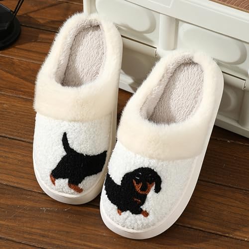 ZNEL Hausschuhe Schwarz Dackel Muster Karikatur Tier Dicke Sohle,Pantoffeln Memory Foam Kuschelige Plüsch Pantoffel Paar Indoor Haushalt(38/39 EU, White)