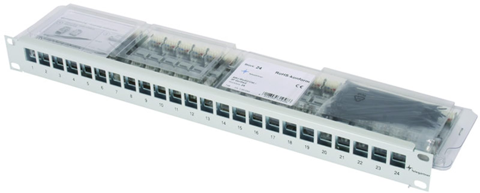 Telegärtner 19 Zoll Modulträger 1HE inkl 24x AMJ-S Cat.6A T568A Module | 19 Zoll Patchpanel 1HE, inkl 24x RJ45 Keystone Modulen, integrierte Kabelabfangung, geerdetes Gehäuse, werkzeuglose Montage