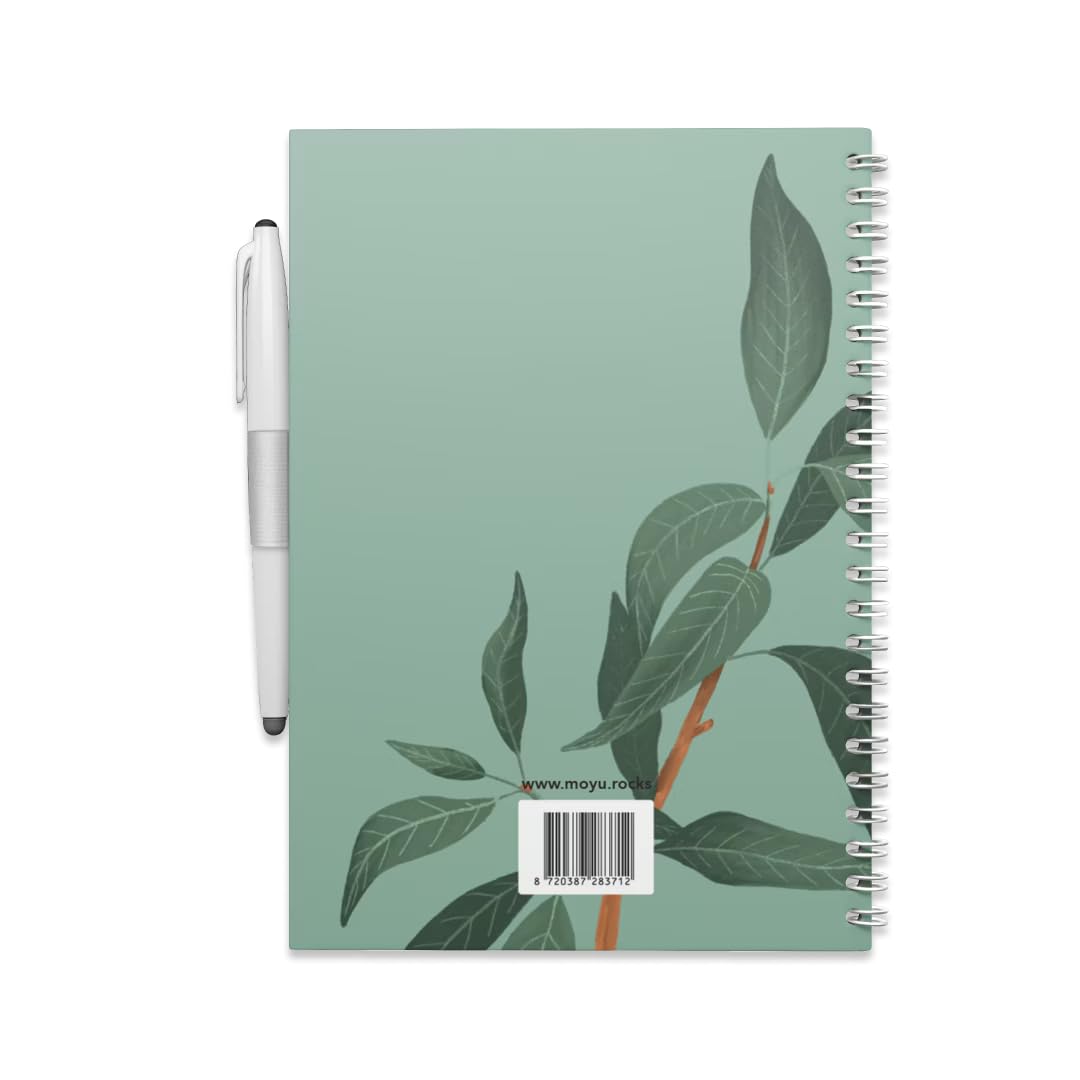 MOYU Erasable Notebook - A5 Stone Paper - Hardcover - Lovely Leaf - Multifunctional Pages - Includes Erasable Pen, Cloth, and Pen Holder