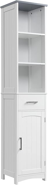 kleankin Tall Bathroom Storage Cabinet with 3 Tier Shelf, Cupboard, Drawer, Door, Freestanding Linen Tower, Slim Side Organizer, White