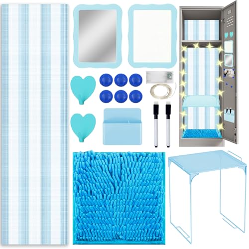 16 Pcs Locker Accessories Kit Blue Locker Organizer Decorations Include Striped Wallpaper String Light Magnetic Whiteboard Mirror Storage Cup Marker Rug Organizing Shelf for Back to School Supply
